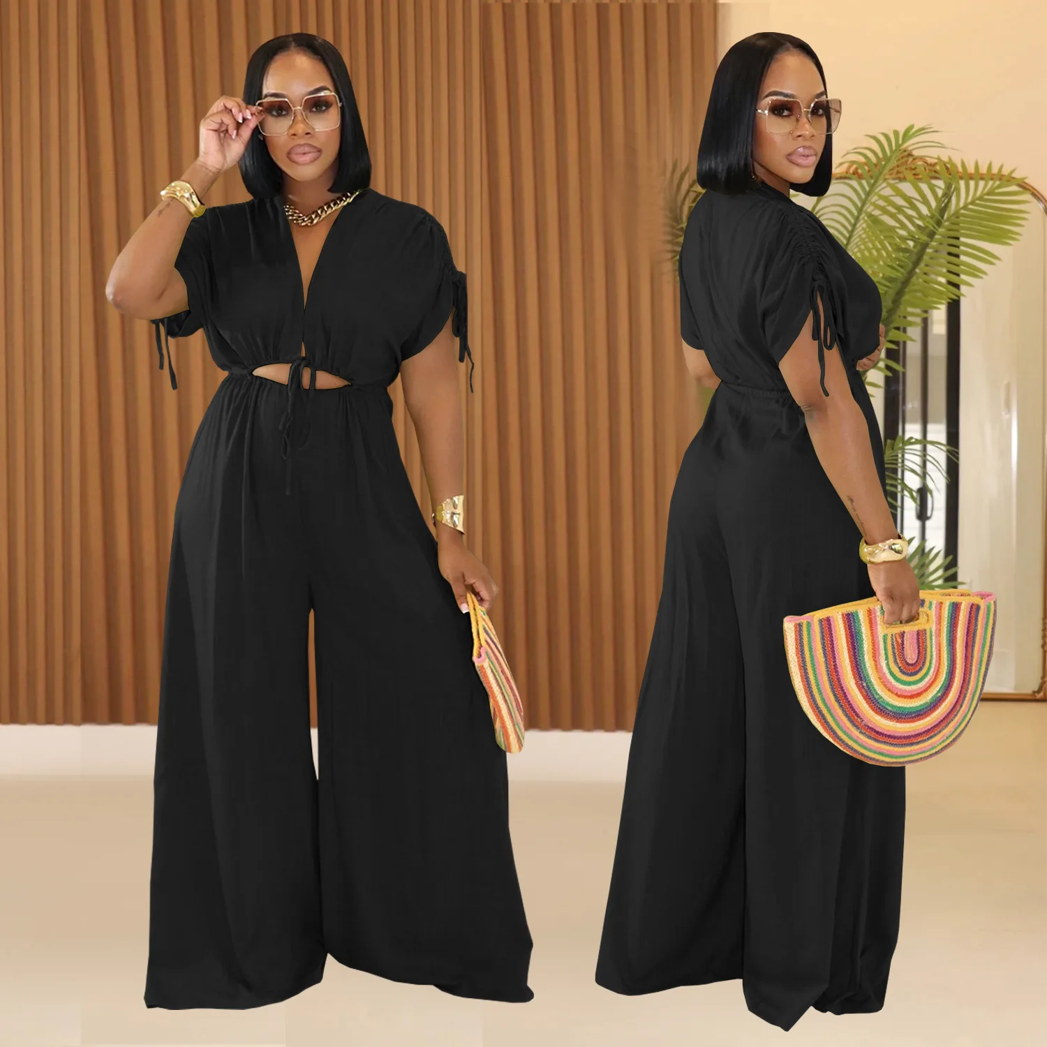 Traje de moda europea y americana personalizado para mujer, mono informal de color sólido con cuello en V y cordones de pierna ancha, nuevo estilo