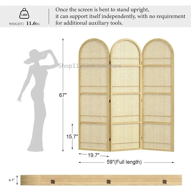 3-Panel Woven Rattan Partition，Foldable Tall Privacy Screen with Wooden Frame for Home Indoor Storage Decor