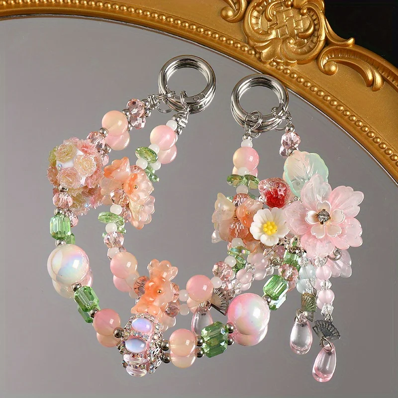 

Pink Ringed Orchid Mobile Phone Chain Beads Women's Phone Chain Fresh Sweet and Cute Style