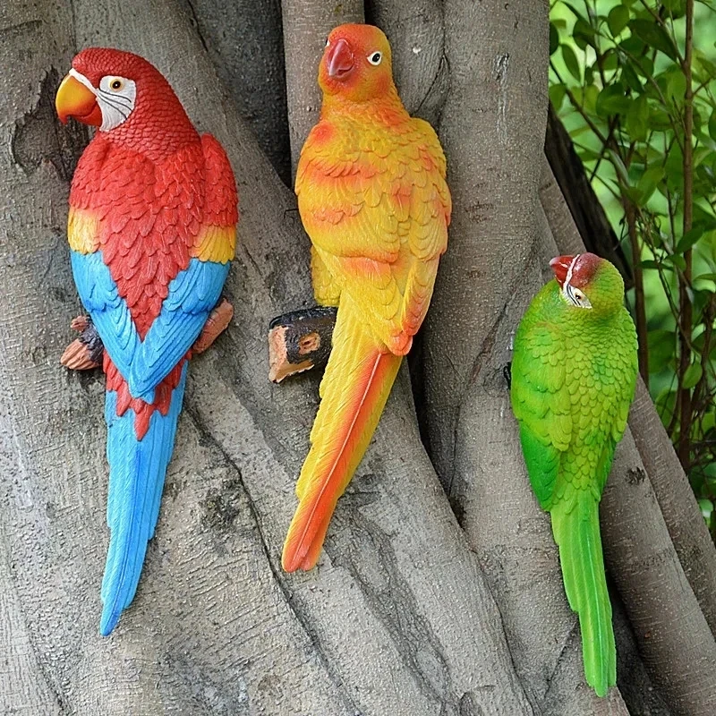 Simulation Wall Mounted Resin Parrot Statue Outdoor Garden Tree Decoration Animal Sculpture For Home Office Decoration Ornaments