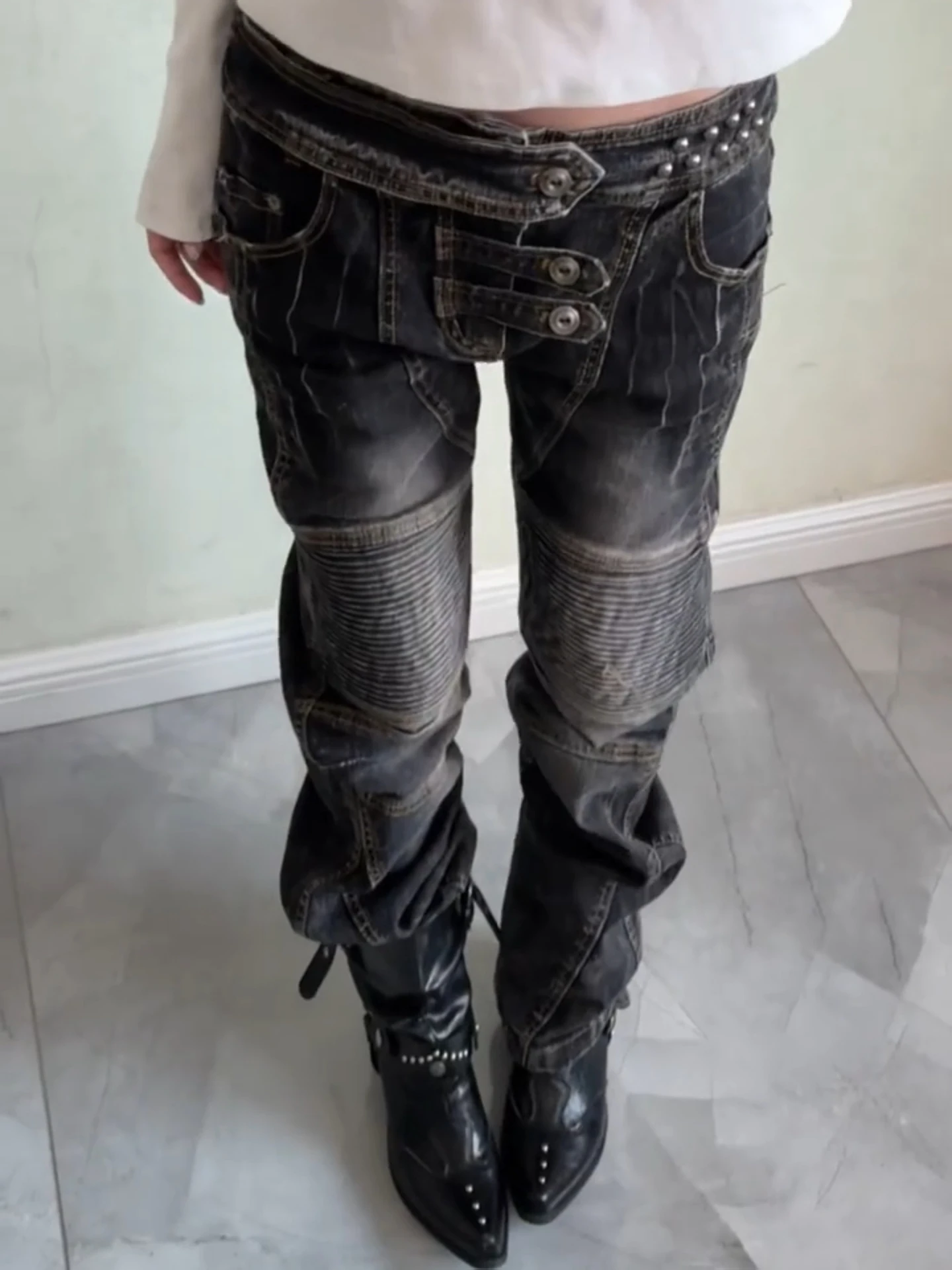 

Ретро-джинсы в американском стиле с эффектом потертости и рваными элементами, женские, в стиле панк, облегающие, прямые, модные, с высокой талией, на молнии