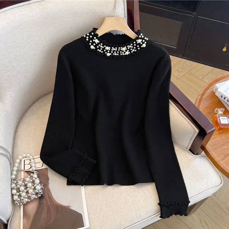 

French Nail Bead Knitted Sweater Women's Long Sleeved Autumn Winter Warm Base Sweater Slim Fit Half High Collar Inner Top