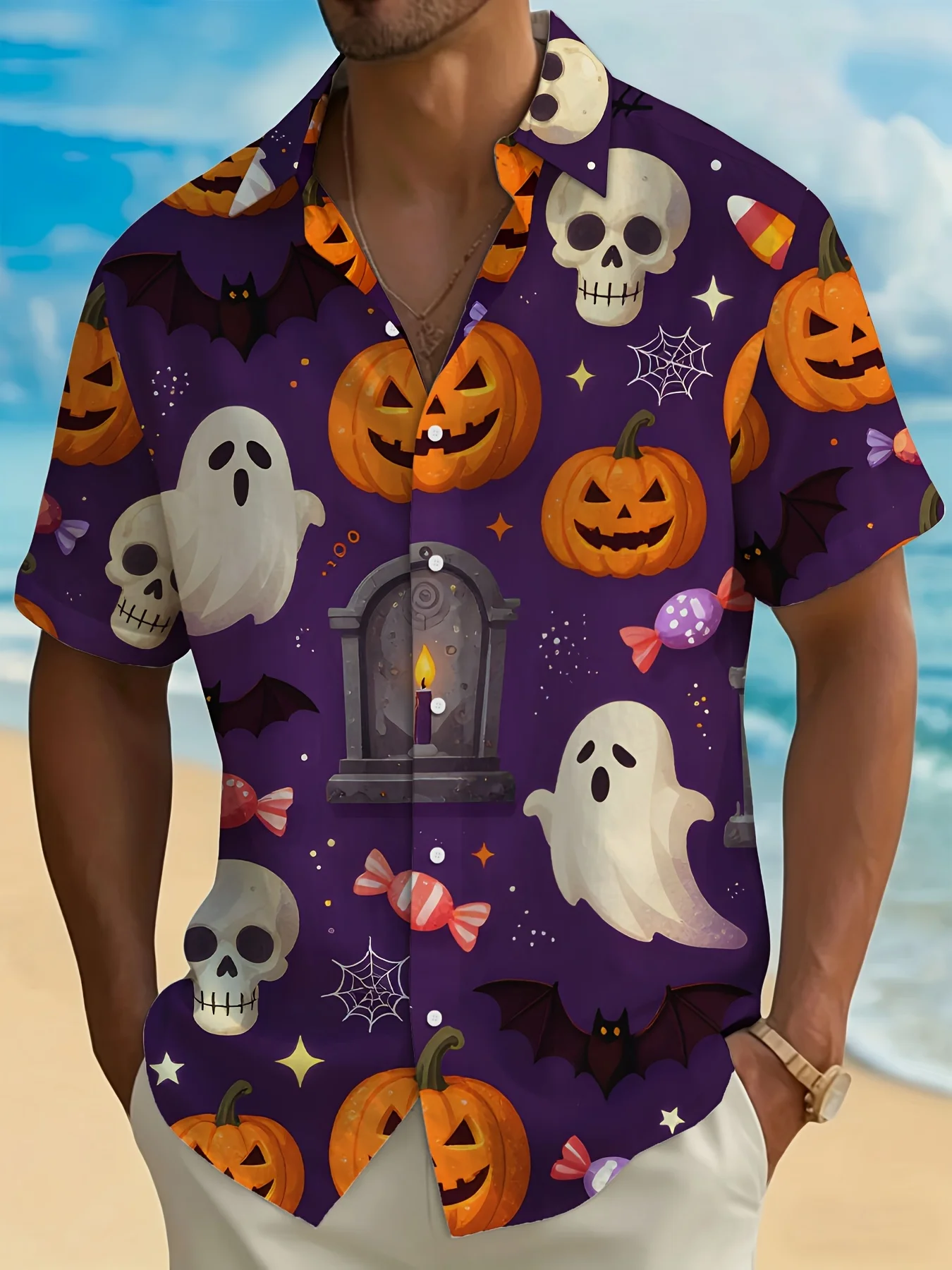 Men Halloween Ghost Pumpkin Short Sleeve Shirt Skull Bat Candy Tombstone Print Turn‑Down Collar Party Shirts