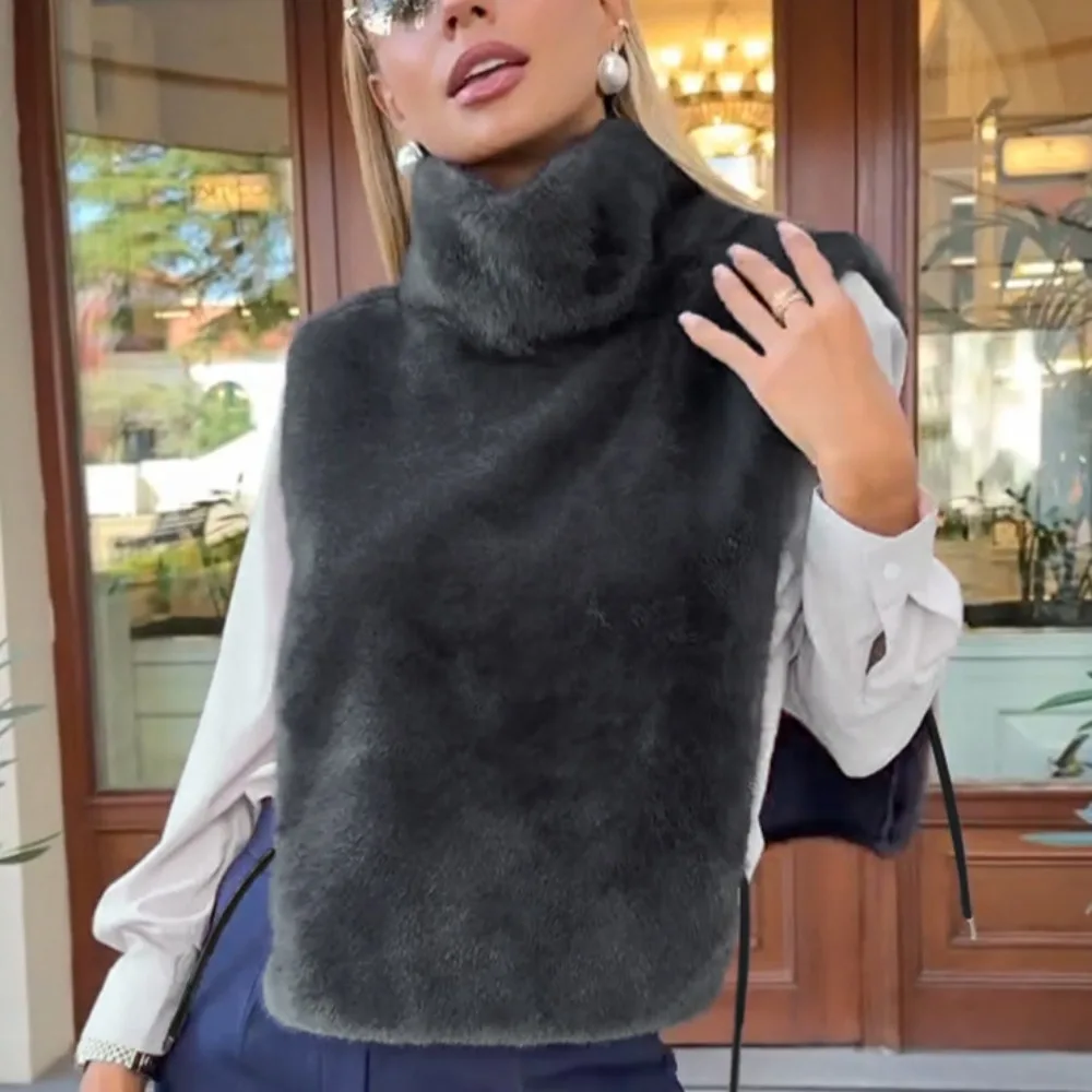 Soft Women Faux Fur High Neck Sleeveless Vest Autumn Winter Warm Plush Waistcoat Elegant Ladies Fashion Streetwear Outerwear