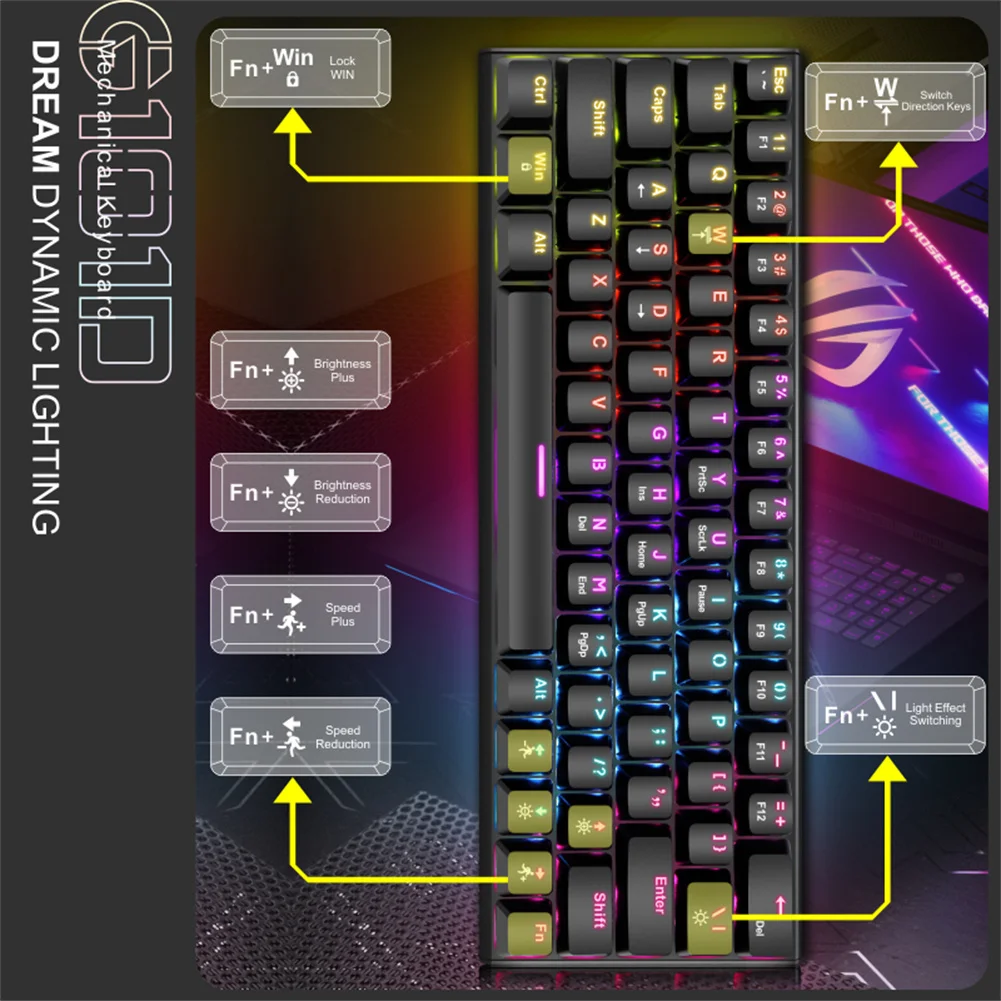 ポータブルメカニカルゲーミングキーボード,RGBバックライト付き,有線,PC,ラップトップ,タブレット用,タイプC, 63キー