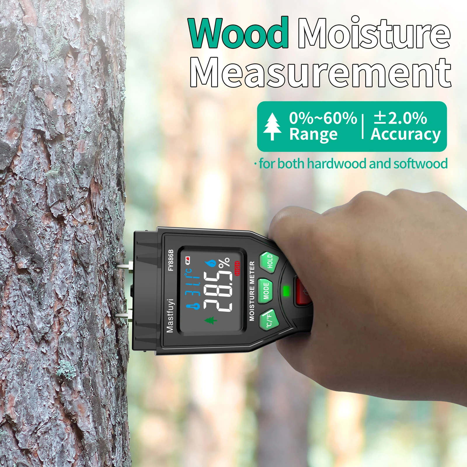 

MastfuyiFY886B Digital Wood Moisture Meter 0~60% LED Display Wood Humidity Moisture Detector Ambient Temp Humidity Tester