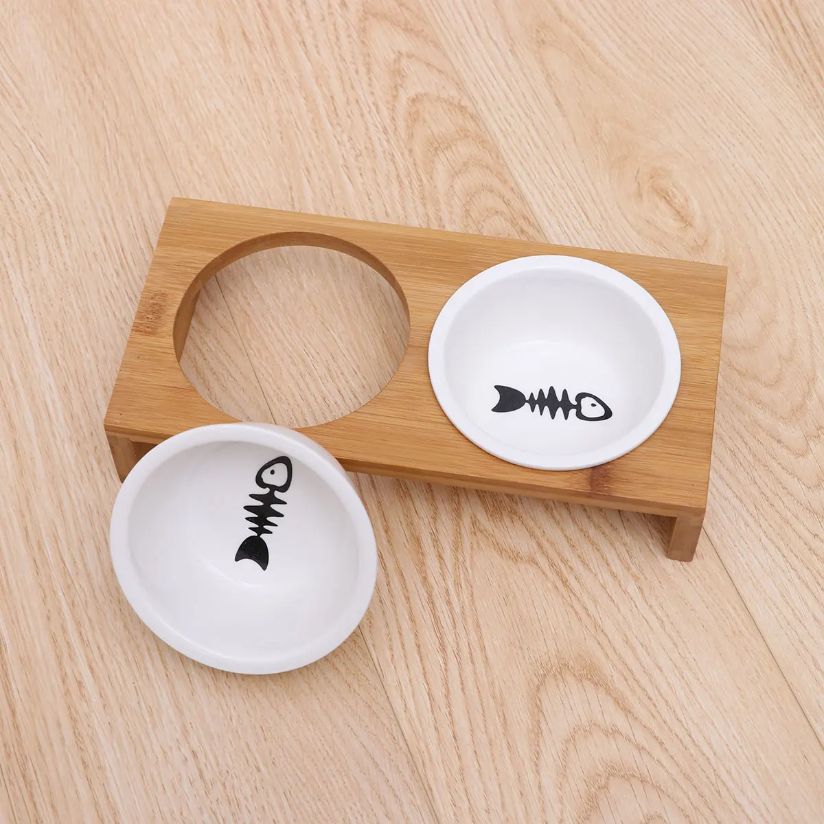 

Bamboo Cat Bowl Dual Pet Bowls Dog Feeder Stainless Steel Food Random Style Wooden