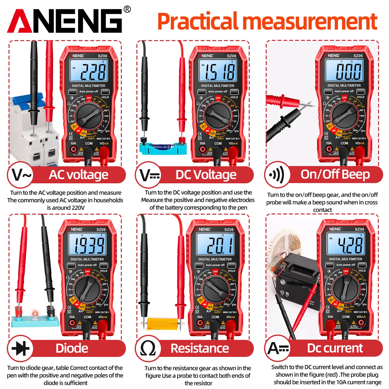 ANENG SZ06 Digital Multimeter AC/DC Voltage Auto Tester Current Ammeter Smart Multimetro Data Hold Diode Voltmeter Ohm Tools
