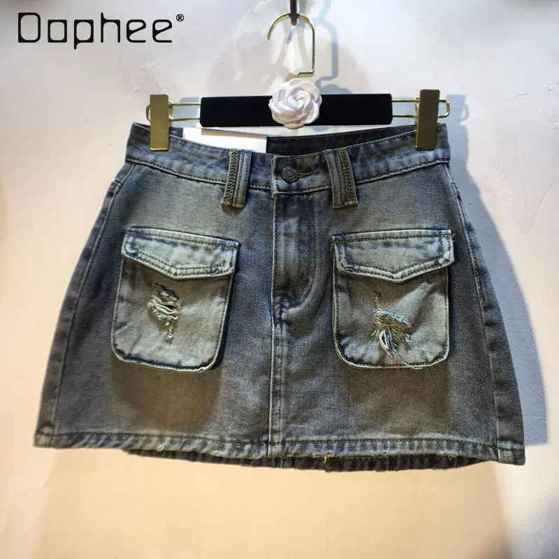 

European Station 2026 Summer Dress New Ripped Cargo Pockets High-waisted Slimming Denim Skirt Short Skirt Women's Skirt