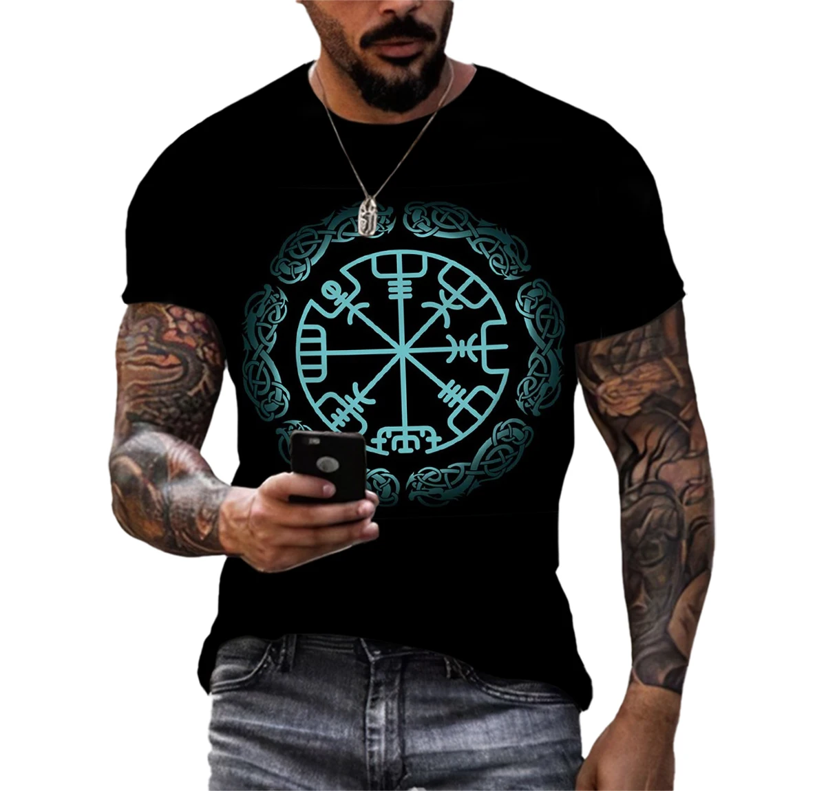 Summer Fashion Creative Pentagram Pattern 3D Printing Men\'s T-shirt Handsome Short-sleeved Fitness Sports Quick-drying Clothes