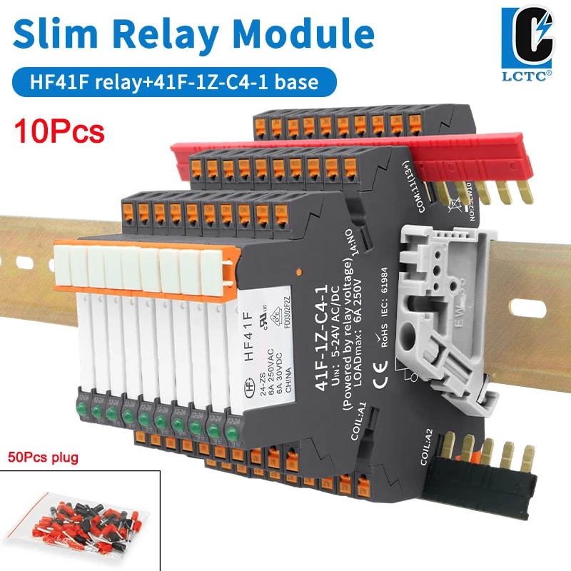 

10PCS Slim Relay Module 24V 12V 5V DIN Rail Relay 6A HF 41F Relay Interface High Frequency Relay 41F-5/12/24-ZS With LED