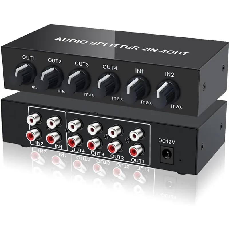 Reliable-Stereo Line Level 2 In 4 Out RCA L/R Audio Splitter Distributor Mixer With Independent Volume Control, European Plug EU
