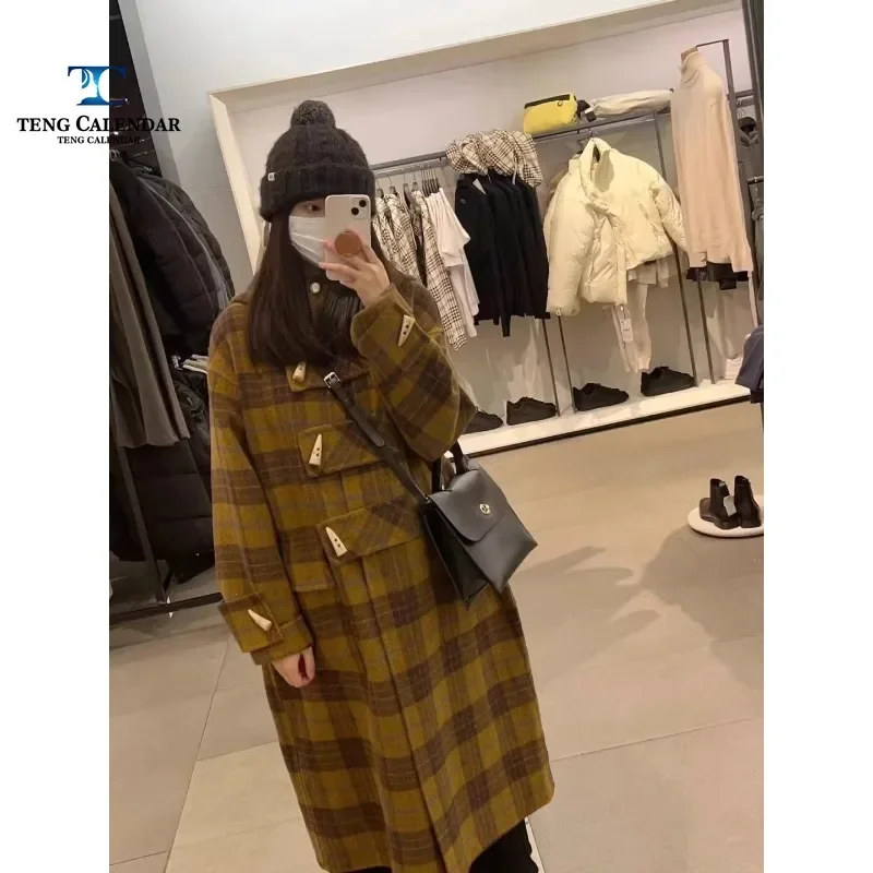 

Autumn Hooded Cow Horn Buckle Plaid Double-sided Cashmere Coat, Women's Medium Length Small Body College Style Wool Coat