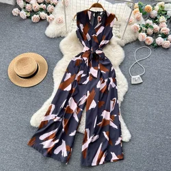 Women Summer Fashion Print Jumpsuits V-neck Sleeveless Romper Waistband Jumpsuits Euro Style Ladies Loose Leg Pants Overalls