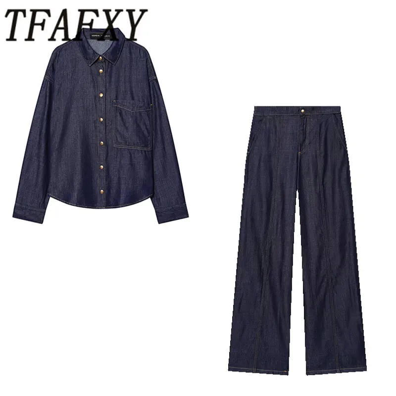 TFAFXY 2026 Frühling Vintage Lässiger Chic Damen Cowboy-Anzug Einreihiges Loses Hemd Lange Hose Modische Sommer-Anzüge