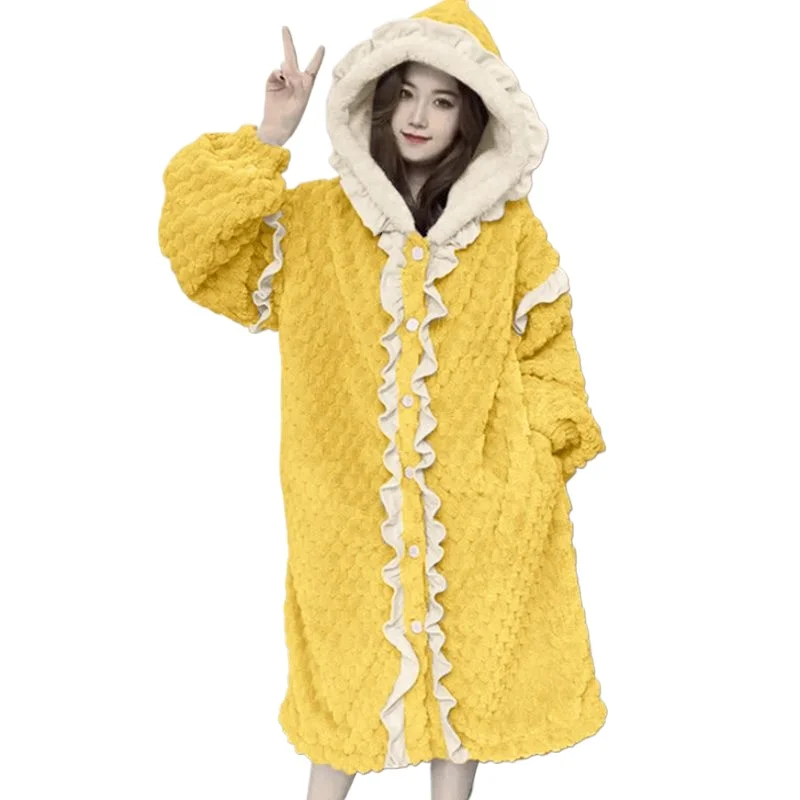 Winter Popular Nightgown Princess Style Coral Fleece Pajamas Long Hooded Cardigan Autumn and Winter Fleece Thickened Loungewear