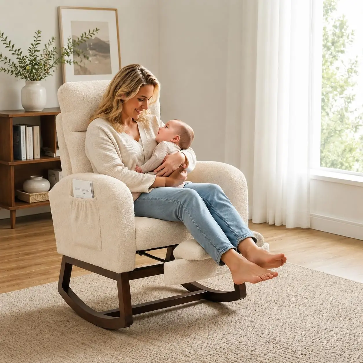 Nursery Glider Rocking Chair with Adjustable Footrest, High Backrest & Two Side Pockets, Beige Soft-Fur Upholstery, Solid Walnut Legs, 300 lb Capacity