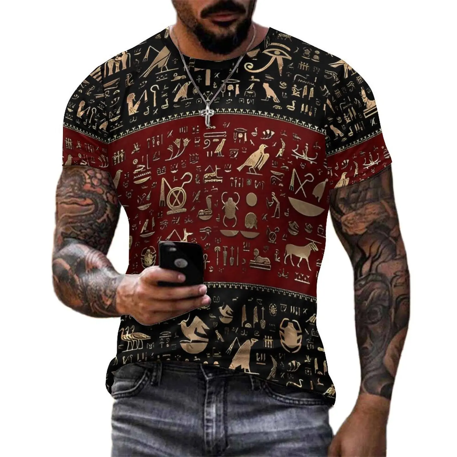 Ancient Egyptian Art Hieroglyphs T Shirt Black and Red Trending T Shirts Men Kawaii Tshirt Short Sleeves Graphic Tees Plus Size
