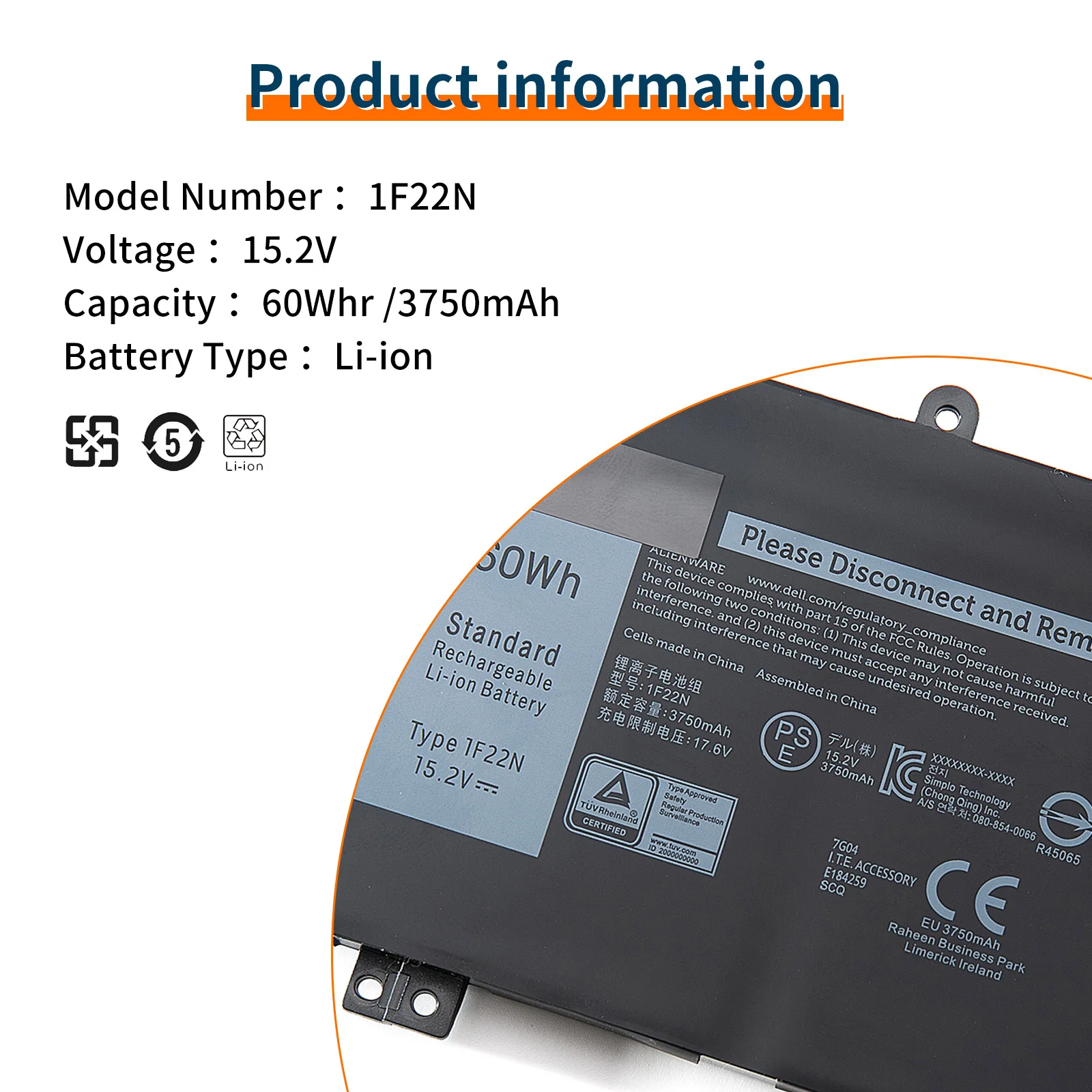 Imagem -05 - Bateria do Portátil 1f22n 15.2v 60wh para o Inspiron Dell M15 M17 r1 P82f P40e P79f P37e g5 5590 g7 7590 7790