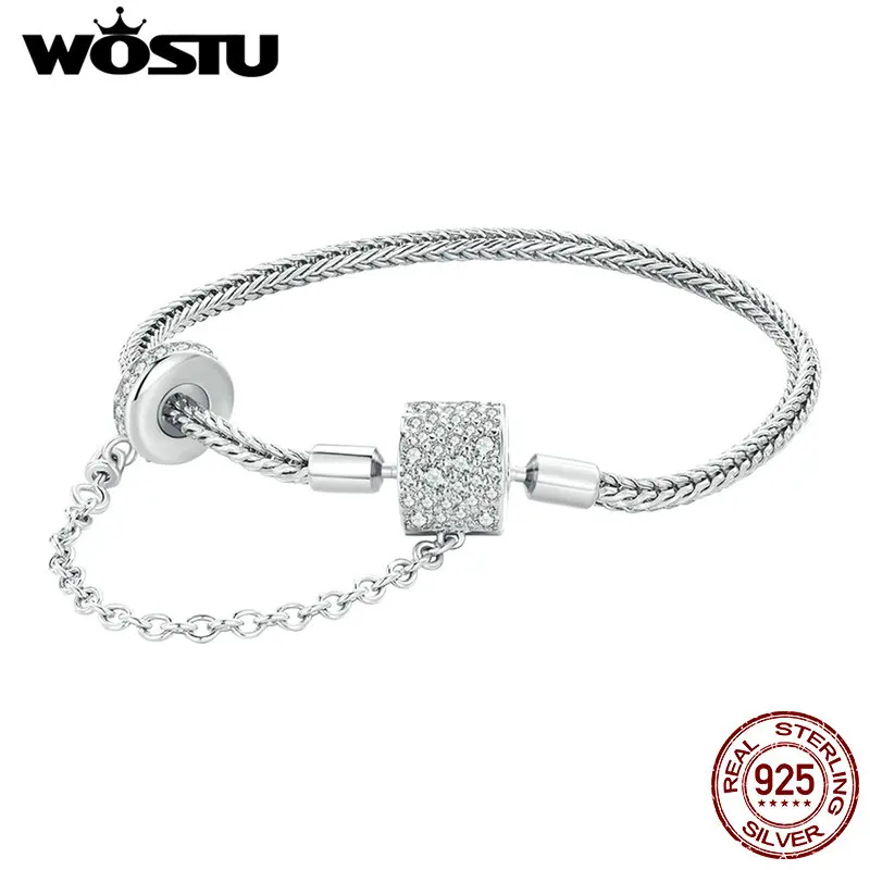 WOSTU Genuine 925 Sterling Silver Eruopean Simple Cylinder Shaped Charm Bracelet & Bangle For Women Fit Original Brand DIY Beads