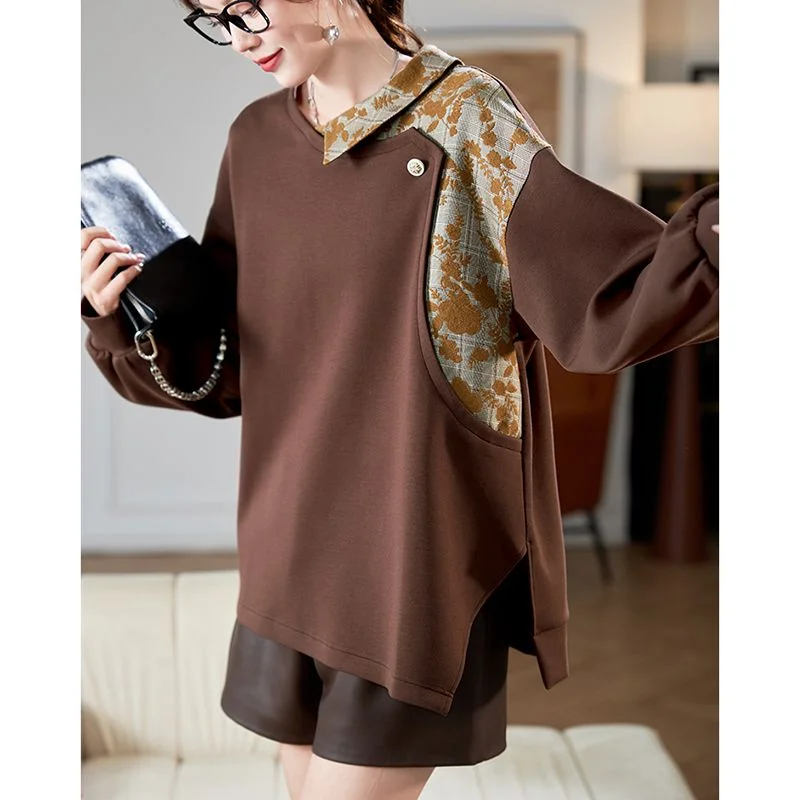 Felpa stile scozzese jacquard da donna nella primavera e nell'autunno 2025 Nuovo top ampio e versatile che copre la pancia