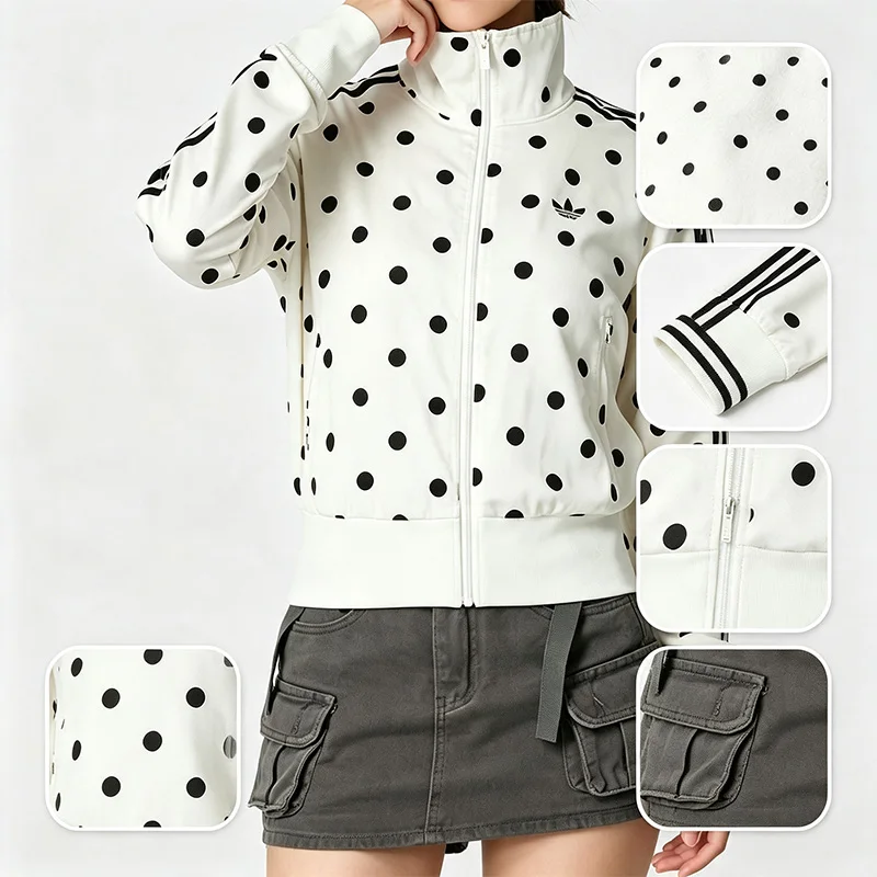 Adidas Trefoil Vintage Fashion Jack Women Knit Cropped Jacket Regular Fit Funnel Collar Full Zip Polka Dot Sports Outerwear