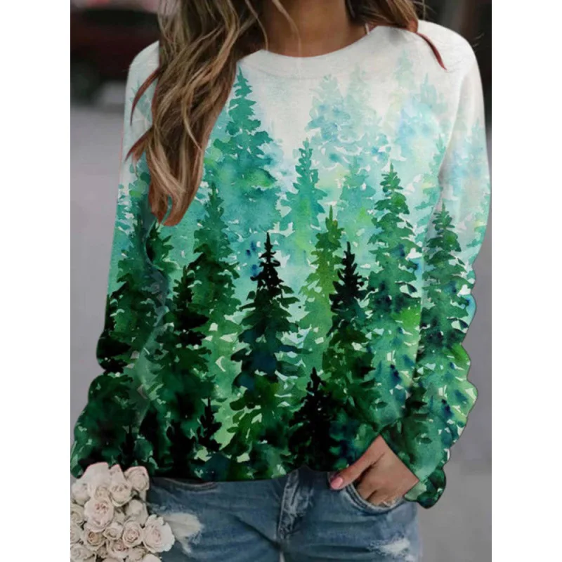 Chándales con estampado 3d de árboles de bosque para mujer, sudaderas informales de cuello redondo, Top de manga larga, ropa de gran tamaño