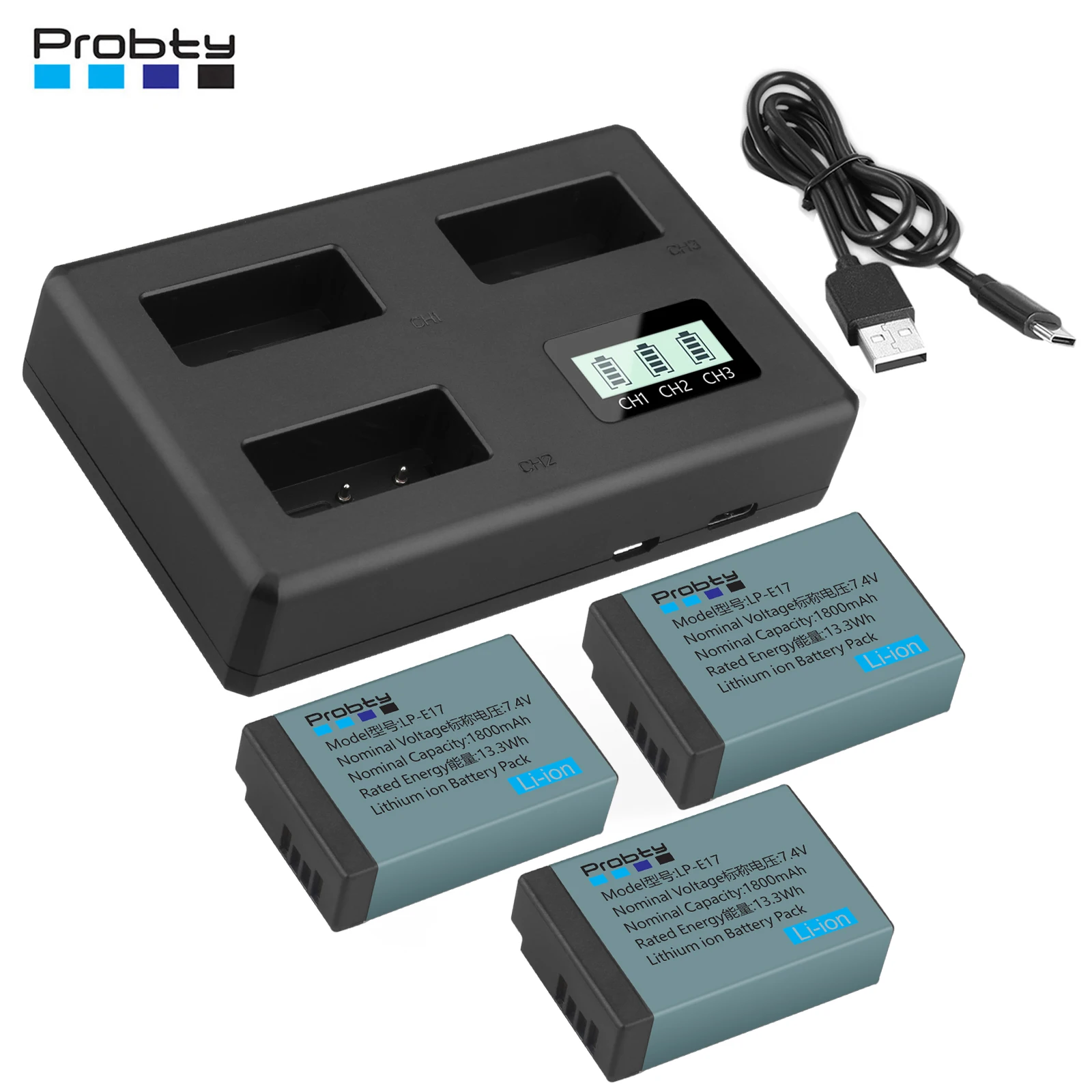 Probty LP-E17 LPE17 LP E17 Replacement Battery+3-Channel LCD Charger for Canon EOS R8 RP 200D 250D M3 M5 M6 750D 760D T6s 800D