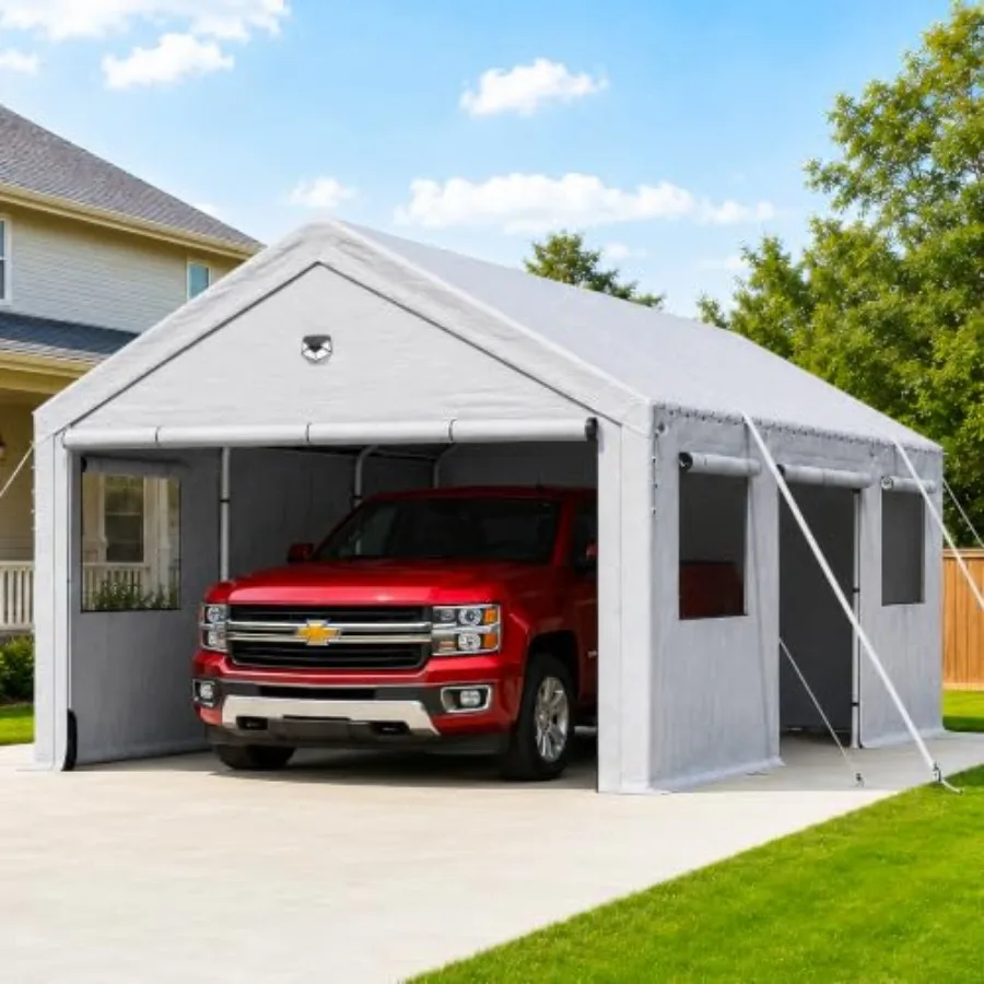 Carports Heavy Duty, Carport Canopy with Side Doors, Portable Car Port Garage Outdoor Car Shelter All Weather, Gray