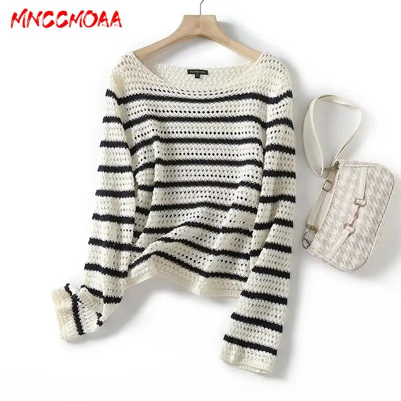 MNCCMOAA 2024 High Quality Women Fashion Vintage Stripe Hollow Out Sweaters Female Loose Long Sleeve Tops Pullover