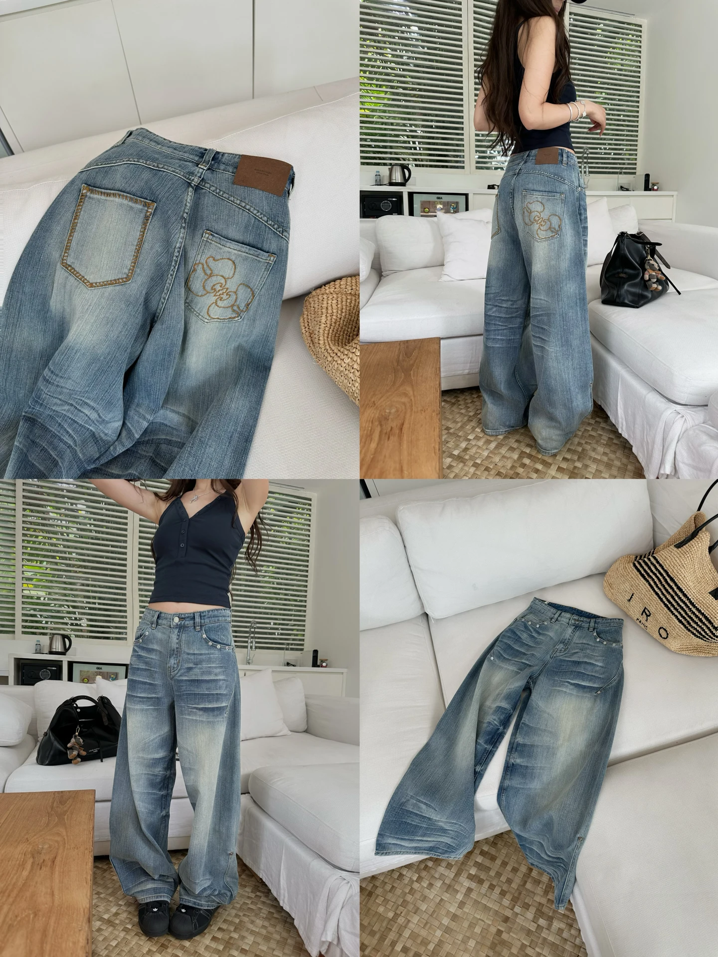

NanaByNana Bamboo Node Pattern Embroidery Jeans Women's Spring Waed Old Blade Pants Color Colion Cotton Casual Jeans