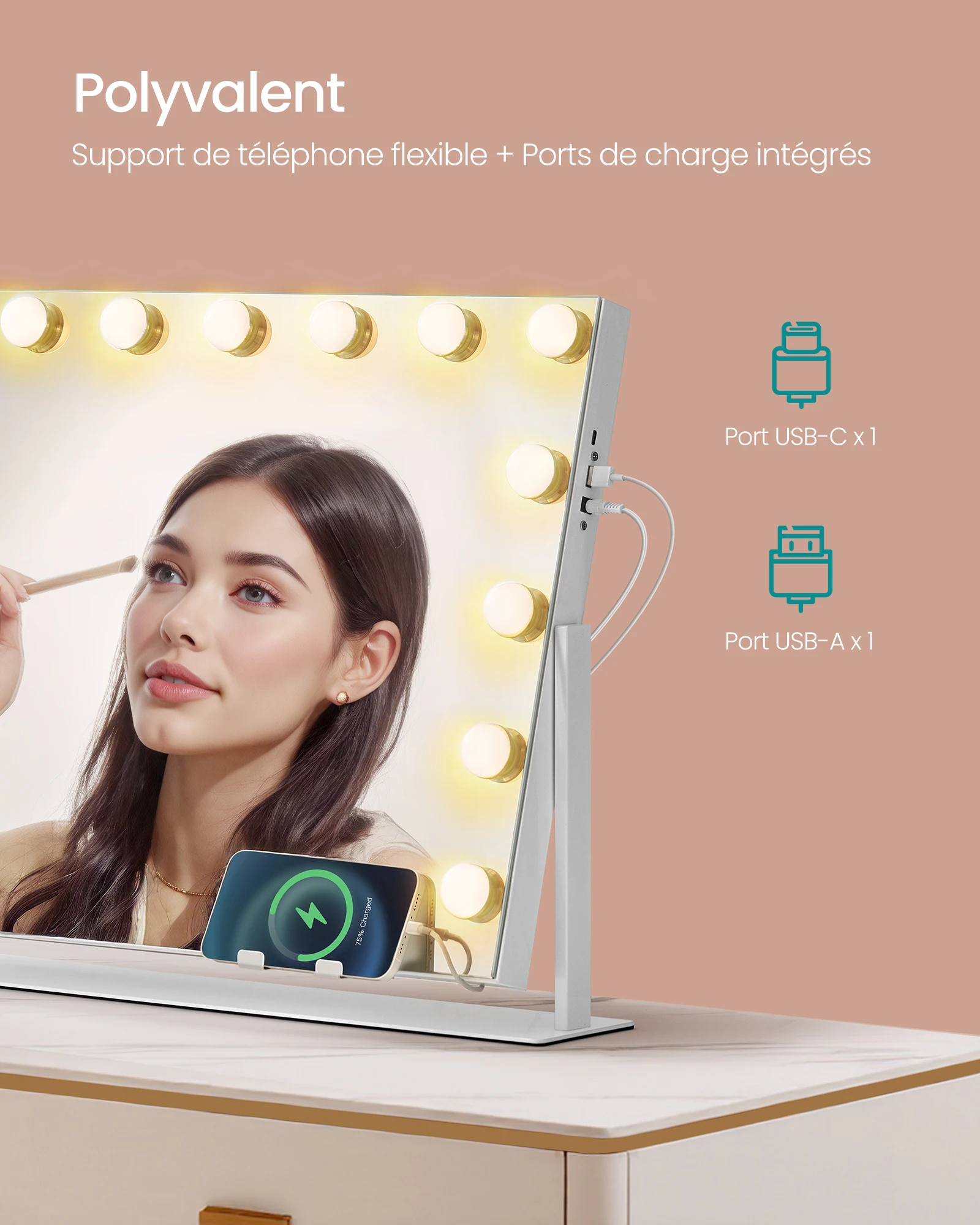مرآة زينة، 15 لمبة LED، منفذ شحن، مرآة مكبرة قابلة للفصل، 3 درجات حرارة ألوان، 58 × 43 سم، أبيض غير لامع
