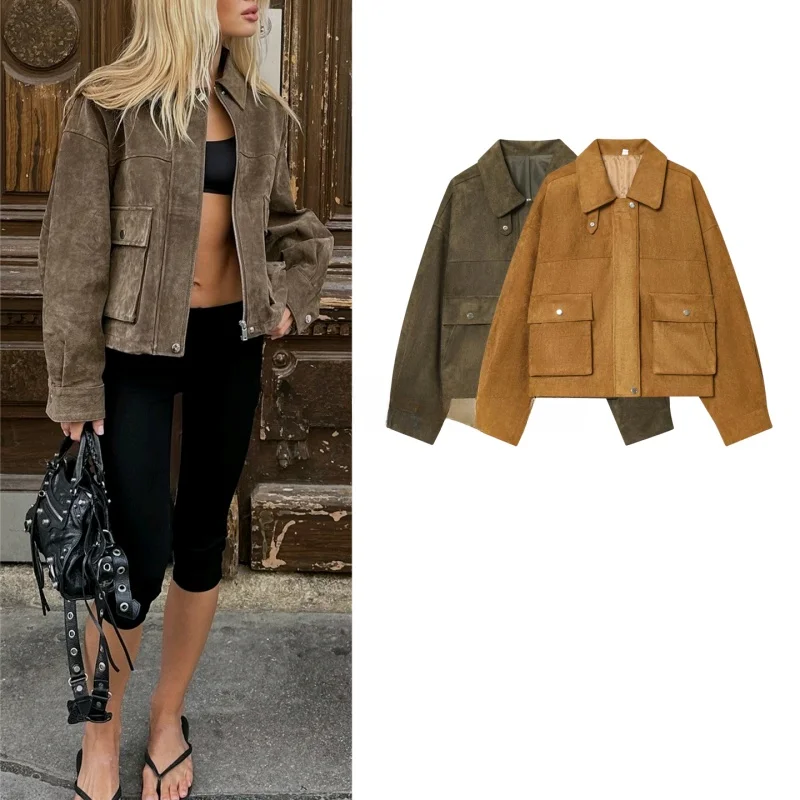 レトロ Sle ロング Sve スエードレザーパイロットジャケット女性のアウターウェア冬新着ルーズフィットポリエステル繊維コート