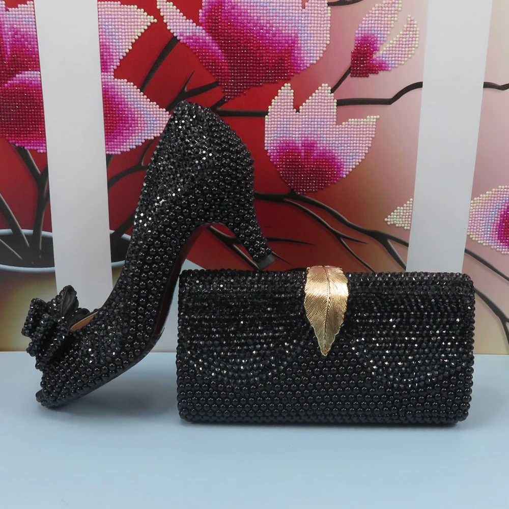 2023 New arrival Black Crystal Women wedding shoes with matching bags Peep toe High Pumps fashion Open Toe shoes and Purse