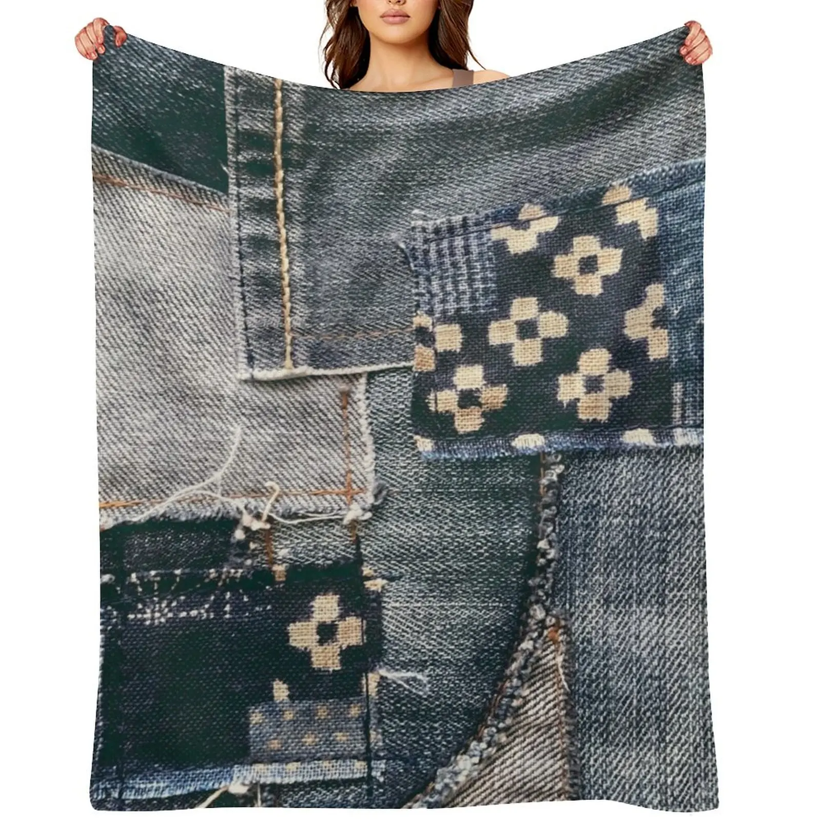 

denim patchwork Throw Blanket Decorative Sofa Luxury Thicken christmas gifts Flannel Fabric Blankets