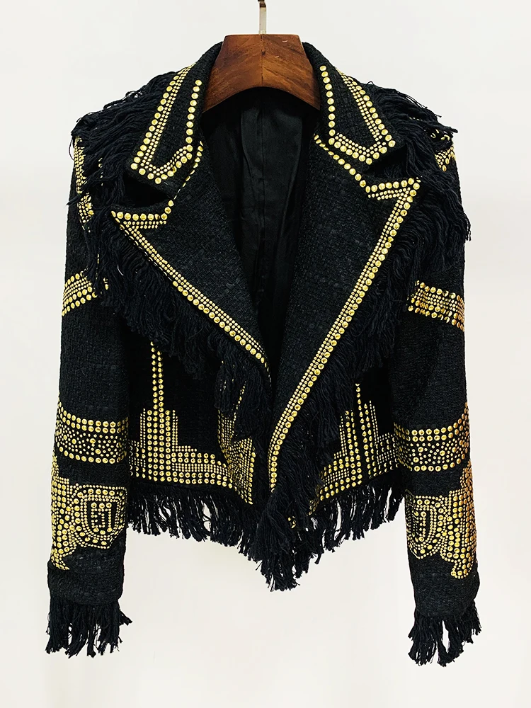 HIGH STREET Newest 2024 F/W Designer Jacket Women's Metal Rivet Tweed Tassel Fringed Blazer