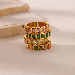 Minimalist Rainbow Square Zircon ​​Rings For Women Stainless Steel Gold Color Adjustable Wedding Aesthetic Ring New Jewelry BFF