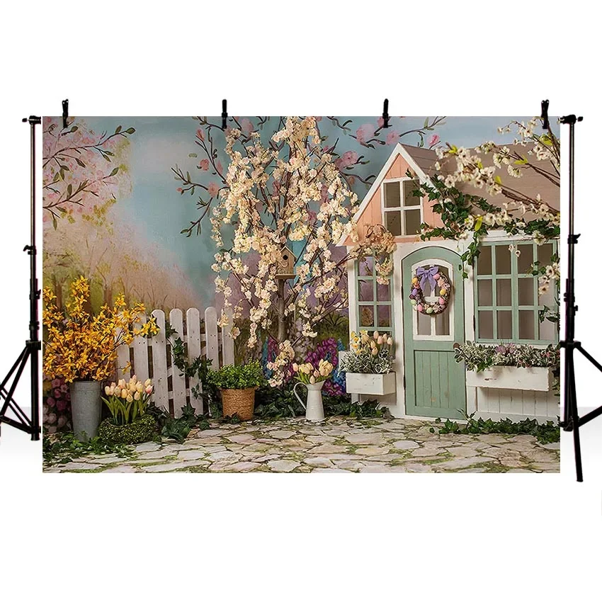 Mehofond Photography Background Spring Easter Colourful Eggs Fence Garden Flowers Kids Portrai Decoration Backdrop Photo Studio