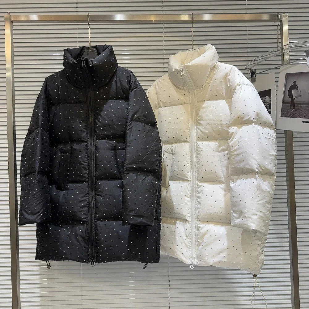 

JacketWinter Warm Mid Length Stand Collar Cotton Down Jacket Female Drawstring Parker Outwear Women