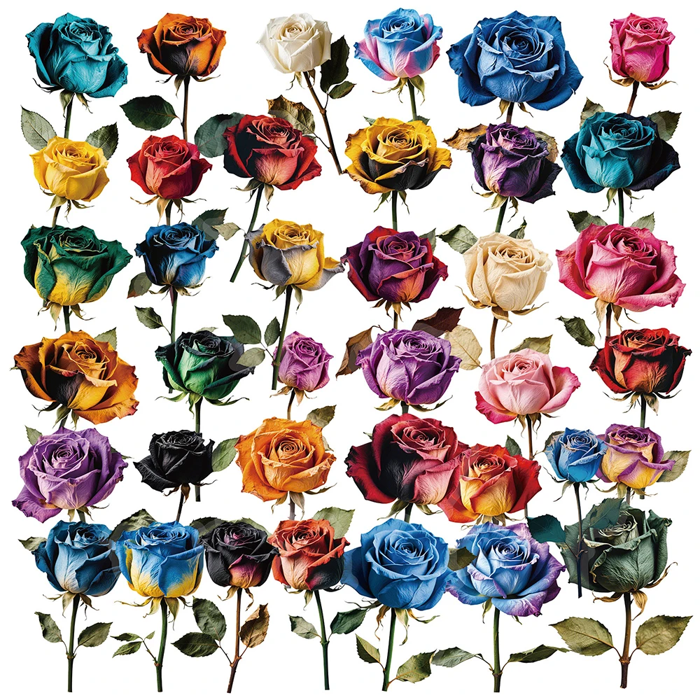 สติกเกอร์ดอกไม้บดโทรม 10/30/56 ชิ้น สติกเกอร์กุหลาบหลากสี สติกเกอร์ใสสำหรับตกแต่งสมุดภาพ โทรศัพท์ สมุดบันทึก กันน้ำ