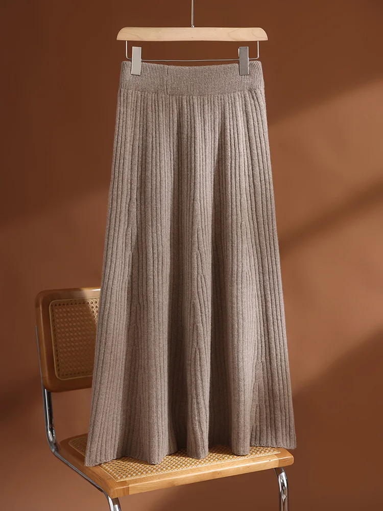 TLOML New Women's 100% Merino Wool Knitwear Autumn Winter Wool Skirt Long Pleated Skirt Grace Soft Dress Chic Comfy Long Skirt