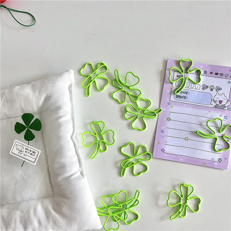 5pcs Cute Creative Design Paper Clip Green Ins Simplicity Color Clover Scrapbook Paper Clip Sweet Bookmark Student Supplies