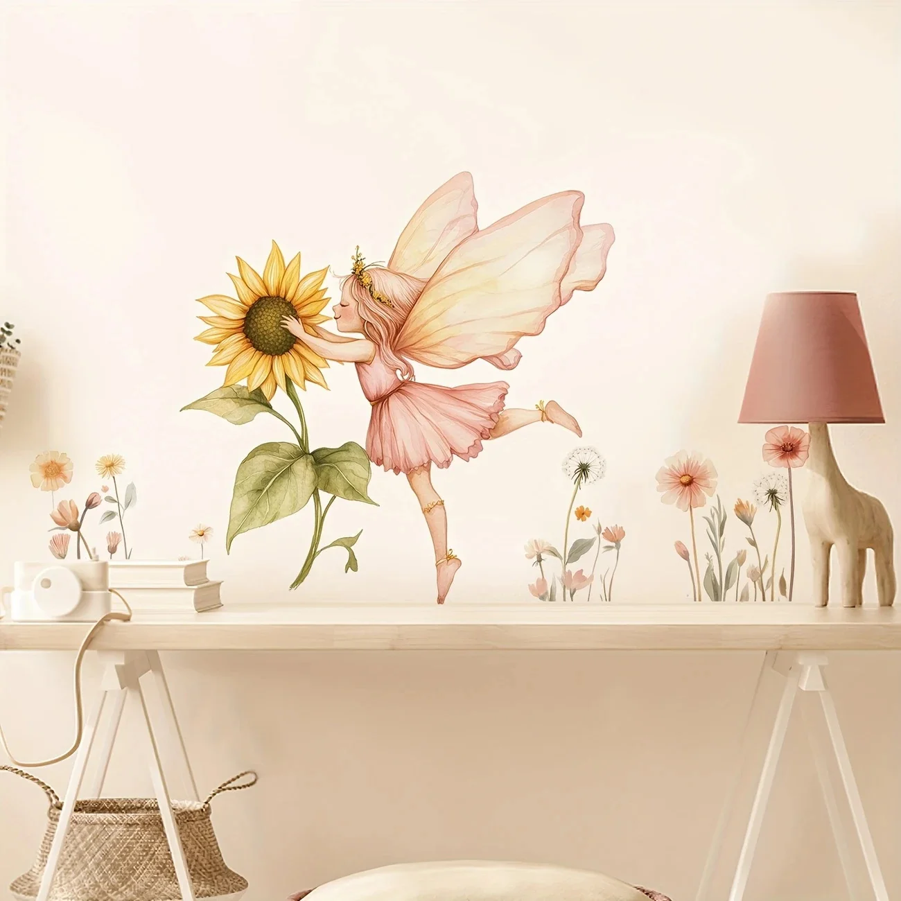 MT1098# Sunflower and Fairy Girl Plant Butterfly Wall Stickers for Living Room Girl Bedroom Background Self-Adhesive Decorative