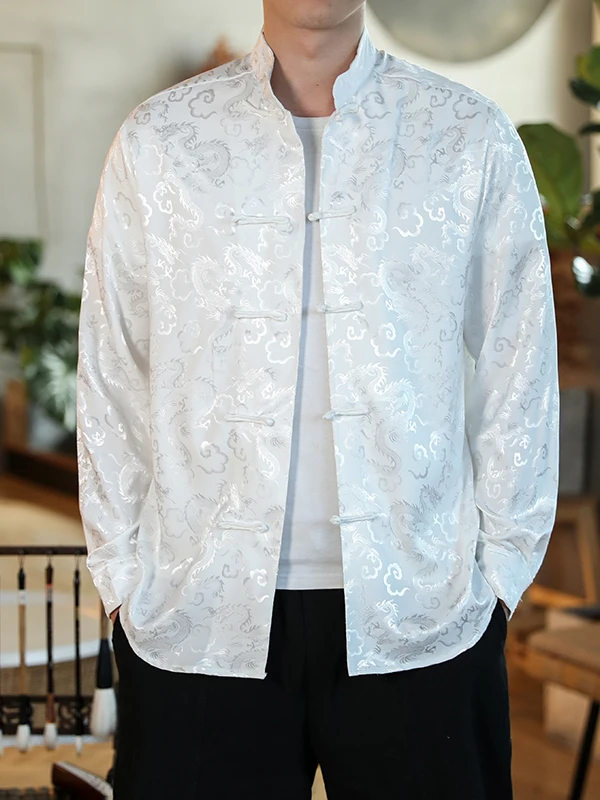 

Повседневный шелковый костюм Тан irt, мужской длинный све, свободный крой, удобный топ Hanfu, летний легкий, без глажки, с декоративной строчкой