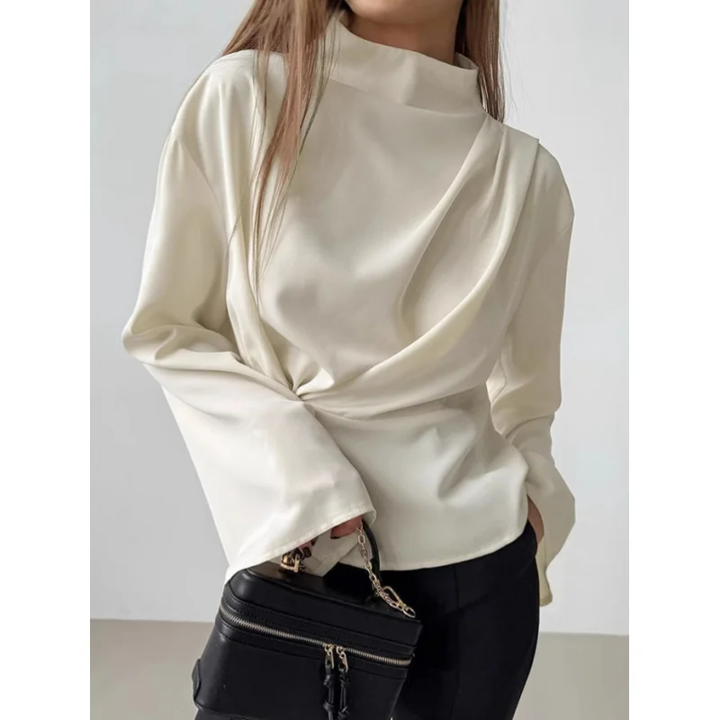 Chiffon Flared Sleeve Blouse for Women2025Spring Fashion Apricot Color Tie Waist Stand Collar Women's Shirt