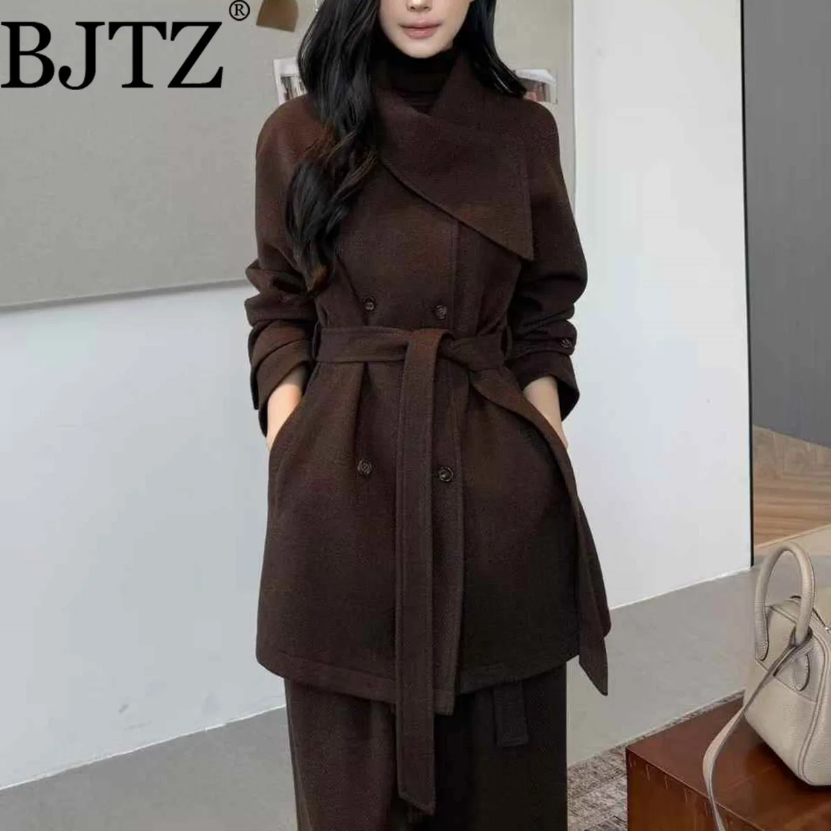 BJTZ-Chaqueta de Tweed gruesa para mujer, abrigo corto, chaqueta informal con cinturón y solapa de gran tamaño, ropa elegante de oficina de lujo de alta calidad, 2025