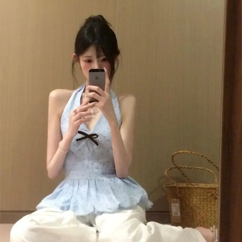 2026 Sweet Polka Dot Bow V-neck Strap Backless Shirt Summer New Vacation Waist Cinching Versatile Flower Bud Top