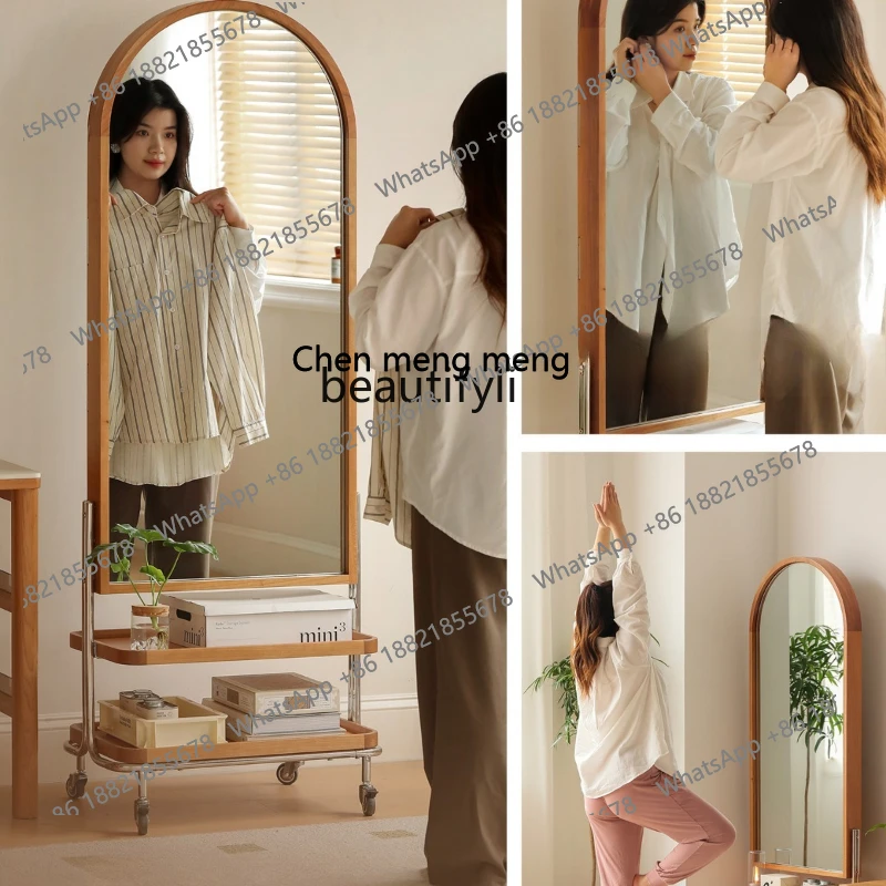 

Full-Length Storage Mirror Movable Storage Magazine Rack Solid Wood Dressing Mirror Floor Mirror H
