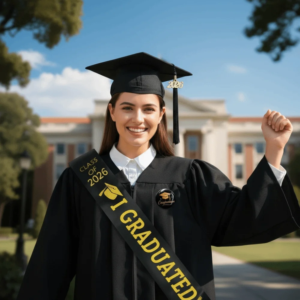 

Black Golden Graduation Set Badge Class of 2026 Tassel Bachelor Cap Plain Cloth With Tassel Satin Graduation Shoulder Strap