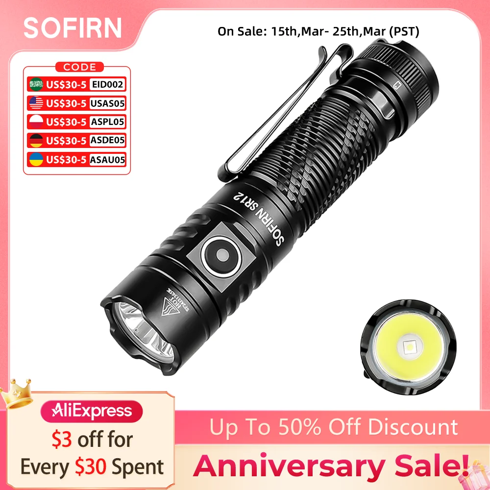 

New Sofirn SR12 SFT25 LED 1450lm EDC Spot Flashlight 18650 USB C Rechargeable 6000K Powerful Light IP68 Torch